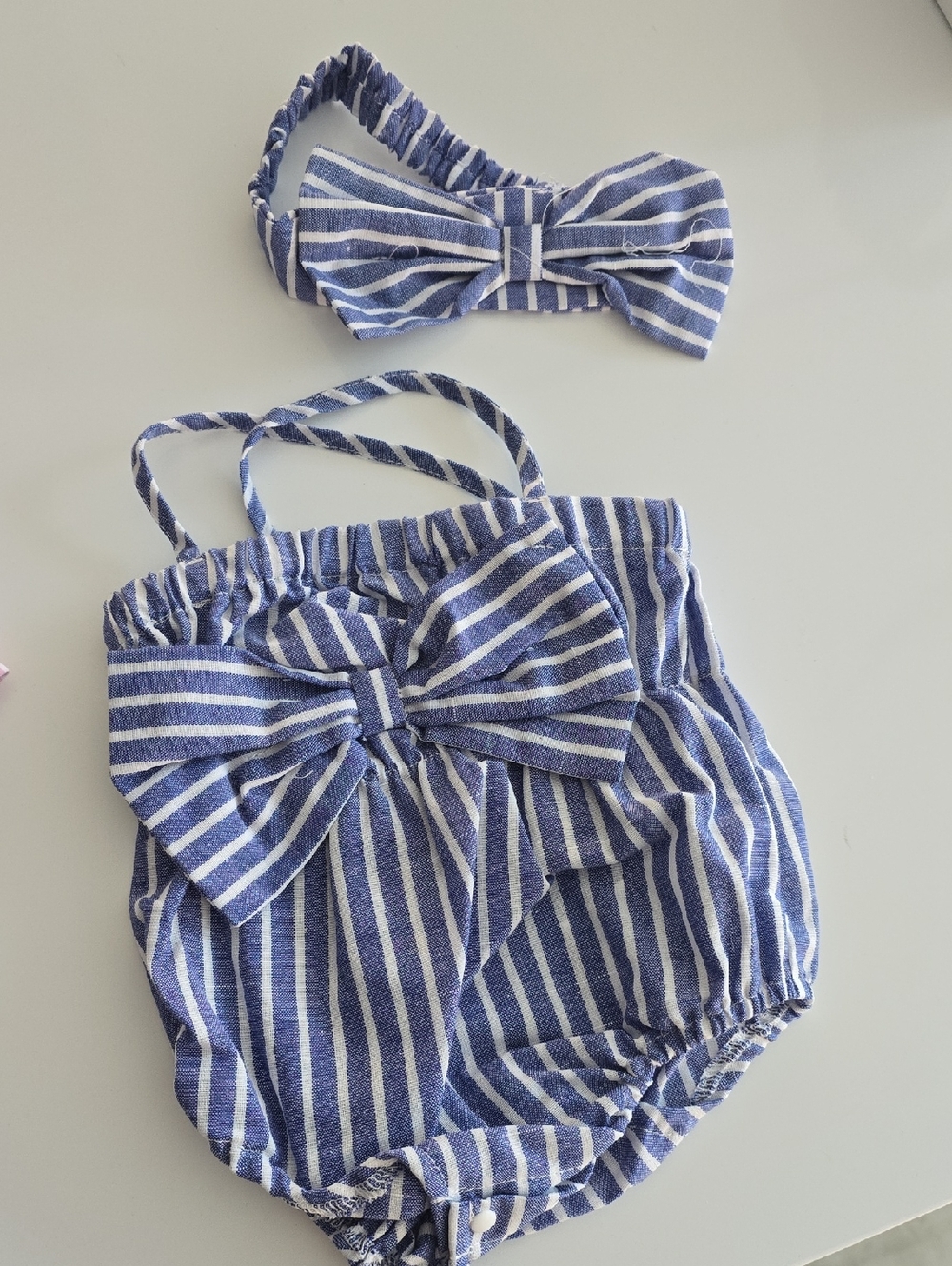 Striped Blue & White Baby Bow Romper with Matching Headband